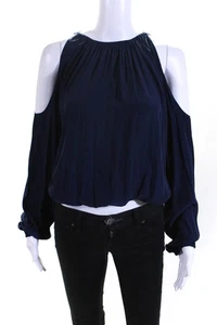 Designer Womens Long Sleeve Cold Shoulder Crew Neck Top Blouse Navy Size Medium - Picture 1 of 4