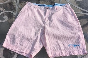 Pantaloncini da golf TrueFlies Angler Manasota rosa e bianco Seersucker taglia 40 - Foto 1 di 7