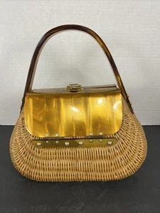 VTG Wicker Handbag Purse with marbled BROWN Lucite handles & trim Hong Kong - Picture 1 of 9