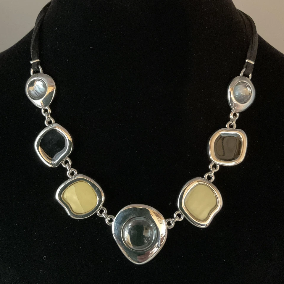 Lia Sophia 16” Milky Way' Black Yellow MOP Glass Silver Tone Necklace - Image 1 of 4