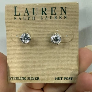 Lauren Ralph Lauren Earrings 6mm Cubic Zirconia Sterling Silver 14K Post NWT - Picture 1 of 4