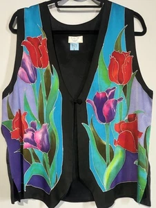 Vintage San Juan Seide handbemalt Seide Weste Gr. S Art to wear Blumen Stiefmütterchen - Bild 1 von 8