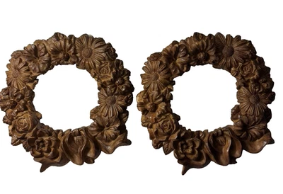 2 coroas florais vintage de resina esculpida em madeira falsa margarida marrom 8" - Imagem 1 de 4