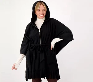 Susan Graver Weekend Fleece Hooded Poncho W/ Fringe Shirt Black M New - Picture 1 of 1