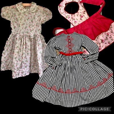 3Pc лот) 1950-х COTTAGE CORE черный белый GINGHAM красный крест стежок и розовые розы платье - Изображение 1 из 4