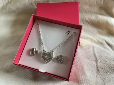 Lovely Boxed Jewellery Set-Necklace & Earrings-Silver-Tone Hearts-New at George - Image 1 of 4