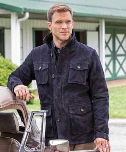 Chaqueta de cuero de gamuza azul marino para hombre chaqueta de piel de cordero pura hecha a medida - Imagen 1 de 6