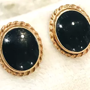 VTG 14k Yellow Gold Onyx Earrings Stud Oval Ruffle Post Screw Back 2.93g 14x12mm - Picture 1 of 10