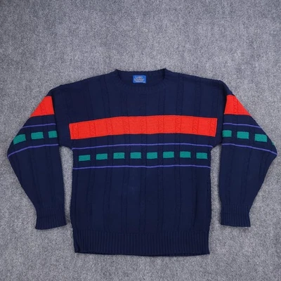 Vintage Pendleton Lobo Sweater Mens Medium Navy Red Green Stripe Crewneck Ribbed - Image 1 of 4