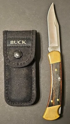 Cuchillo de caza plegable Buck 110 2011 EE. UU. latón refuerzos mango de madera con funda de nylon Foto 1 de 4