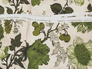 VINTAGE BLOOMCRAFT SCREEN PRINT GREEN & CREAM FLORAL DUPONT ZEPEL FABRIC 3 YARDS - Picture 1 of 2