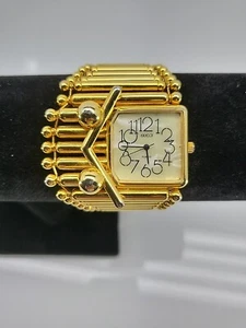 Vtg Herry & Teddy Co Gold Chunky Ladies Watch w/ DECO Face TESTED ~ NEW BATTERY - Picture 1 of 11