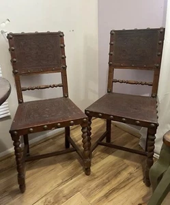 Pair Antique Spanish Revival Chairs Embossed Leather Decorative Nails Turned Leg - Picture 1 of 12