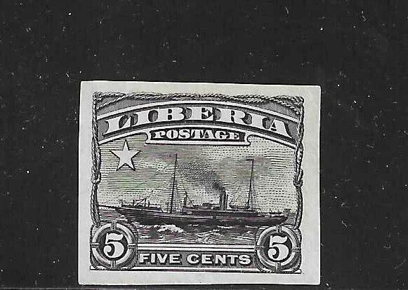 Liberia 1909, barco 5c, cañonera "LARK", PRUEBA IMPERFORADA completamente NEGRO #117 Foto 1 de 1