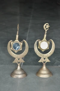 2 Pc Vintage Brass Handcrafted Jali Cut Black Eye Powder Mirror Fitted Bottles - Picture 1 of 9