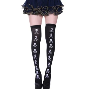 Women Gothic Halloween Black Thigh High Stockings Skull Skeleton Over Knee Socks - Picture 1 of 8