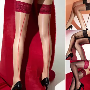 Women's Shiny High Glossy Hosiery Lace Hold Up Nylon Tights Thigh High Stockings - Picture 1 of 19