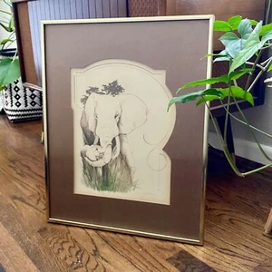 Vintage 70s William Tara Elephant Mother & Baby Framed Lithograph Art Print Sign - Picture 1 of 7