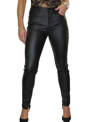 Womens High Waisted Stretch Leather Look Tight Jeans High Rise Black NEW 8-20 - Image 1 of 4