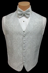 Men's Brandon Michael Silver Grey Paisley Tuxedo Vest & Bow Tie – Size 4XL - Picture 1 of 3