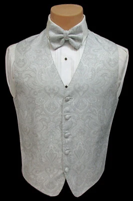 Men's Brandon Michael Silver Grey Paisley Tuxedo Vest & Bow Tie – Size Medium - Image 1 of 3