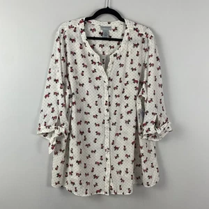 Camicia tunica Catherines con bottoni taglia 1x avorio stampa cane scozzese maniche a 3/4 - Foto 1 di 9
