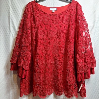 NUEVO CON ETIQUETAS $ CHARTER CLUB Mujer Encaje Manga Campana Top Talla 3X Rojo Fiesta de Vacaciones Foto 1 de 4