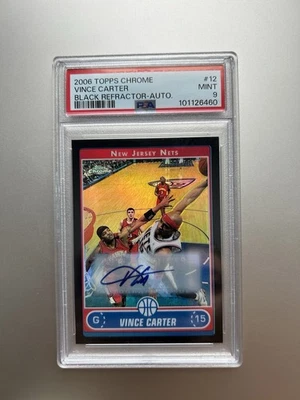 Topps 2006 cromo #12 refractor negro automático SSP redes Vince Carter PSA 9 como nuevo patio Foto 1 de 2