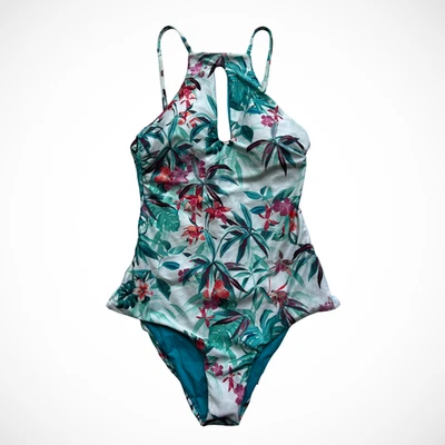 Traje de baño de una pieza BECCA by Rebecca Virtue floral recorte tropical verde azulado S Foto 1 de 4