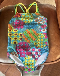 Speedo Girls Swimsuit One Piece Flower Power design Cross Back Straps Sz 10 - Picture 1 of 5