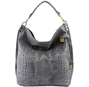 ITALIAN X-LARGE SHOULDER BAG GENUINE LEATHER SUEDE CROCO EMBOSSED; MADE IN ITALY - Picture 1 of 11