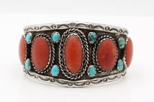 VINTAGE NAVAJO HANDMADE SS TURQUOISE RED CORAL WIDE CUFF BRACELET - NR #S210-9