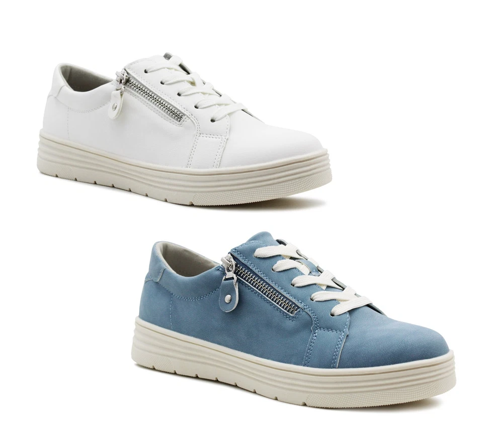 Womens Ladies Casual Flat Lace Up Fashion Trainers Side Zip Fastening Sneakers