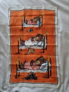 Dunmoy Tea Towel RARE orange Vintage Irish Linen Three Bears in bed NWOT - Picture 1 of 7