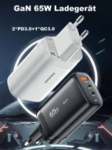 65W GaN USB-C Ladegerät 3-fach (2×PD3.0 + QC3.0) Schnelllader für Laptop/Handy - Bild 1 von 15