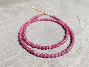 Pink Ruby Faceted Round 2-3MM Precious Gemstone Bead Handmade Women Necklace 18" - Picture 1 of 9