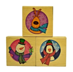 Wooden Rubber Stamp Set of 3 Winter Buddies Snowman, Penguin and Reindeer - Picture 1 of 8