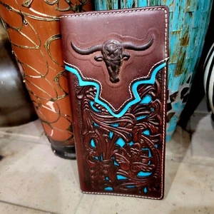 Longhorn Western Wallet Texas Star Laser Cut Real Leather Bifold Long Brown Teal - Picture 1 of 8