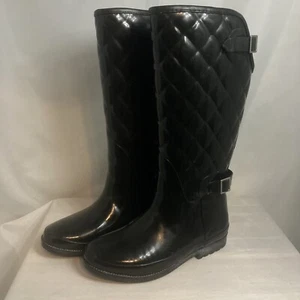 Regenstiefel Damen hoch schwarz glänzend Gummi glänzend gesteppt gefüttert 7 wasserdicht - Bild 1 von 8