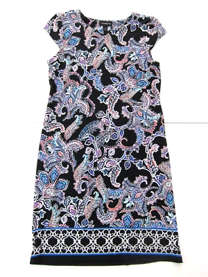 Liz Claiborne Black Pink Blue Paisley Floral Stretch Cap Sleeve Shift Dress 12 - Image 1 of 4