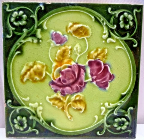 Antique Tile Majolica Rose Purple Art Nouveau England Floral Architecture "171 Cover