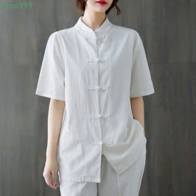 Blusa feminina chinesa estilo retrô cânhamo étnico sapo botão tai chi top camisa - Imagem 1 de 4