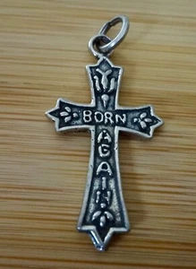 Sterling Silver 32x17 mm Cross says Born Again with Dove Charm - Picture 1 of 2
