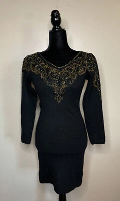 Carmen Marc Valvo Black Bodycon Sweater Dress Gold Beaded Wool V-Neck Size Small - Image 1 of 4
