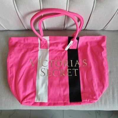 VICTORIA'S SECRET LARGE HOT PINK STRIPE WEEKENDER BEACH ZIPPER TRAVEL BEACH TOTE - Image 1 of 4