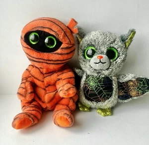 Halloween TY Beanie Babies Orange Mummy & Gray Vampire Bat - Picture 1 of 3