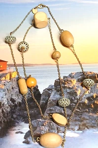 Claire's Brand Gold Tone Chain Necklace with Filigree & Multi Shaped Wood Beads - Picture 1 of 14