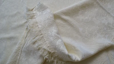 Vintage Cream Damask Jacquard Fringe Fabric Cotton Blend 56 x 100 inches - Image 1 of 4