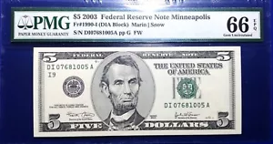 2003 $5 Federal Reserve Note Fr-1990-I Minneapolis PMG66 Gem EPQ - Picture 1 of 2
