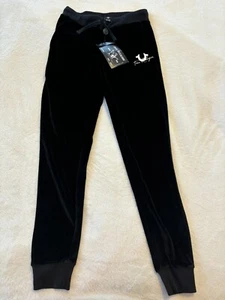 True Religion Black Velour Joggers Track Logo Pockets Pants Size YOUTH XL NWT - Picture 1 of 8